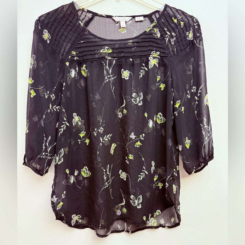 Lauren Conrad Pleat Bib Blouse Black Yellow White & Lavender